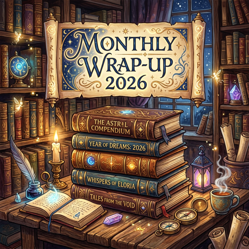 Stack of fantasy books titled The Astral Compendium, Year of Dreams 2026, Whispers of Eloria, and Tales from the Void on a wooden table with glowing fairies, a candle, an open book, compasses, a lantern, and a steaming cup.