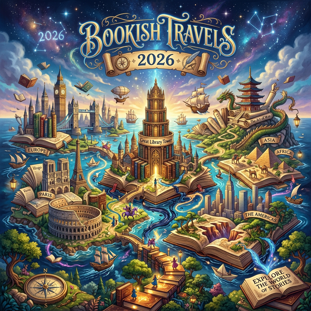 Colorful fantasy map blending famous world landmarks with open books and fantasy elements