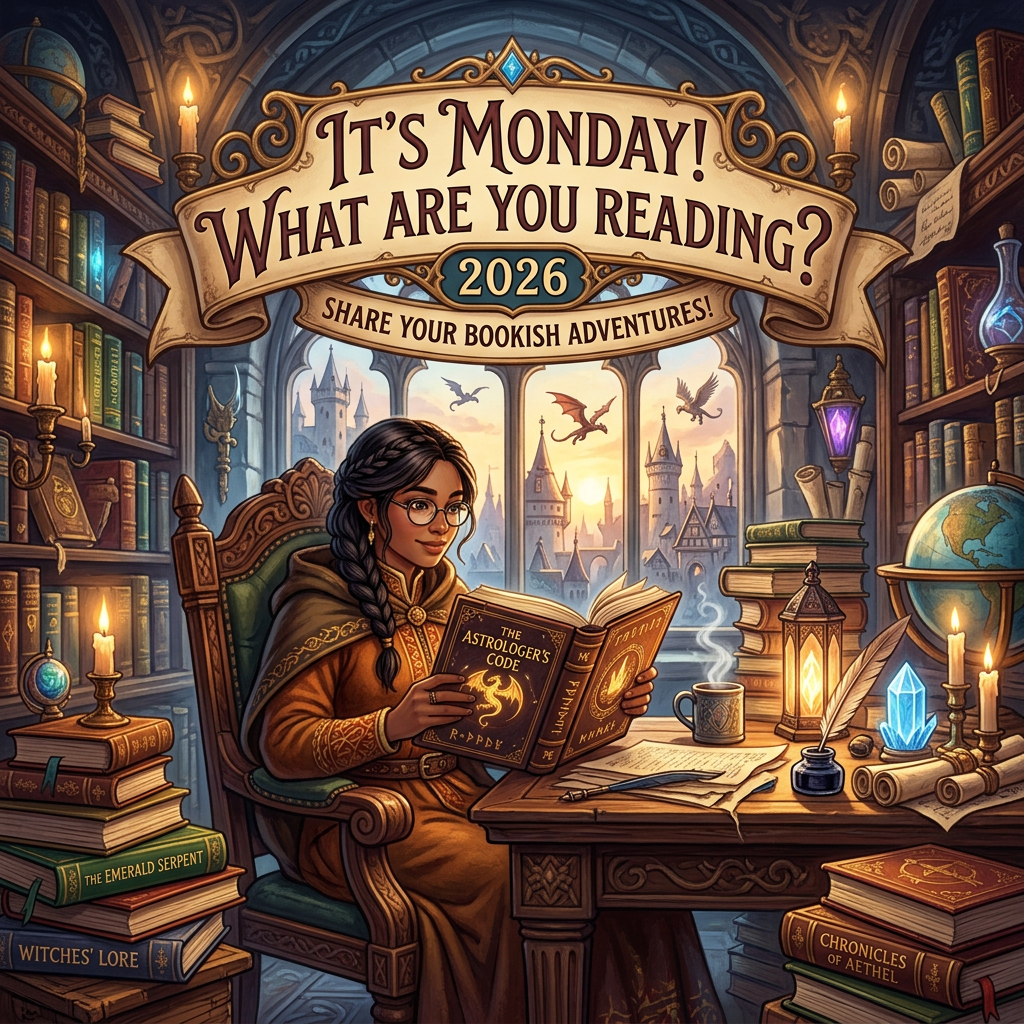 Young woman reading 'The Astrologer's Code' in a fantasy library surrounded by books, candles, and magical items