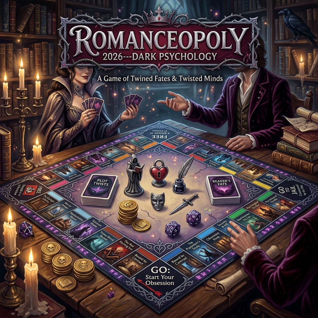 A gothic board game titled Romanceopoly with dark psychology theme and two players holding cards.