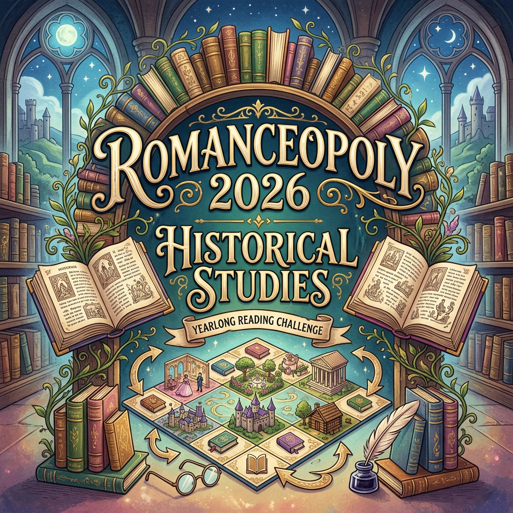 Romanceopoly 2026 Historical Studies yearlong reading challenge with books, open pages, and a game board